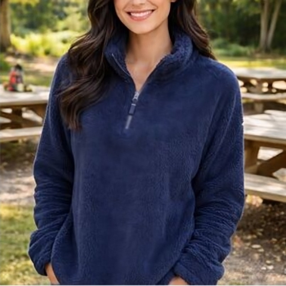 Lands' End Cozy Navy Fleece Pullover Fluffy 1/4 Zip Women's M